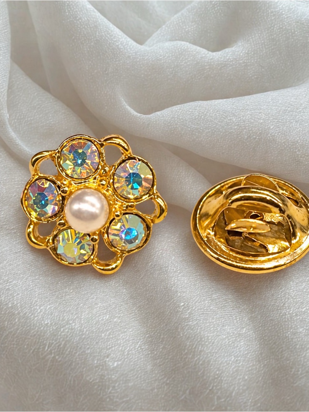 Dainty Round Aurora Borealis Rhinestone Faux Pearl Lapel Pin Brooch Tack Pin
